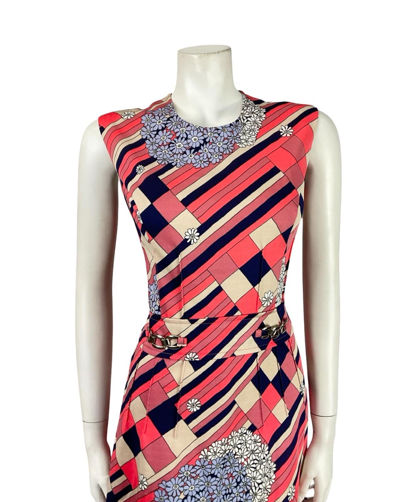VTG 60S MOD GEOMETRIC PINK WHITE NAVY BLUE STRIPE FLORAL MIDI DRESS 12