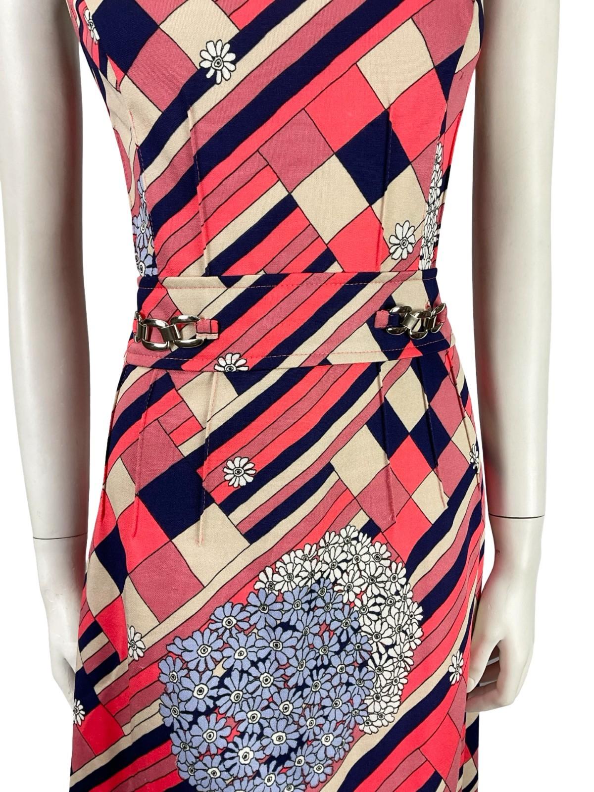 VTG 60S MOD GEOMETRIC PINK WHITE NAVY BLUE STRIPE FLORAL MIDI DRESS 12