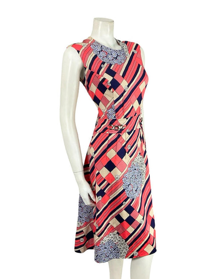 VTG 60S MOD GEOMETRIC PINK WHITE NAVY BLUE STRIPE FLORAL MIDI DRESS 12