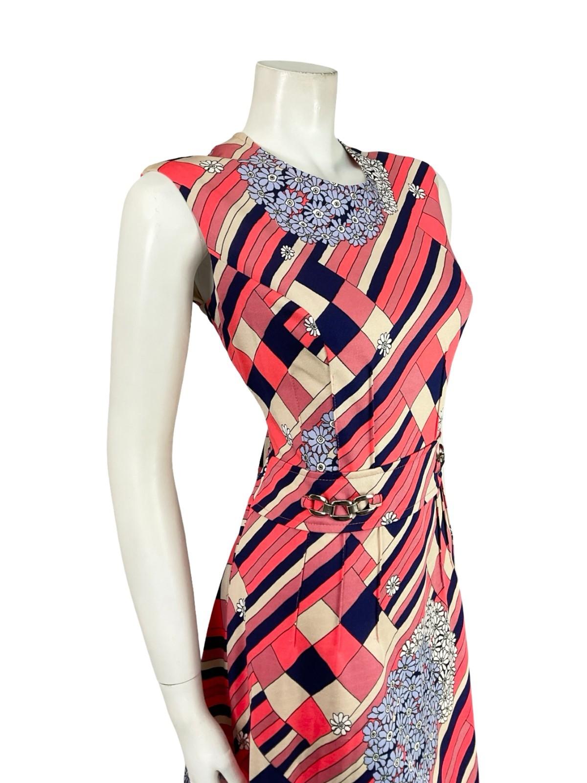 VTG 60S MOD GEOMETRIC PINK WHITE NAVY BLUE STRIPE FLORAL MIDI DRESS 12