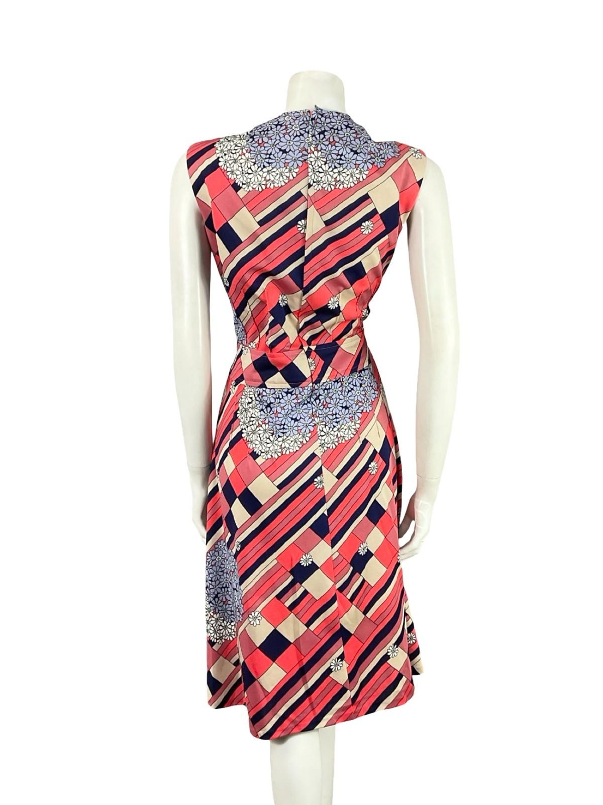 VTG 60S MOD GEOMETRIC PINK WHITE NAVY BLUE STRIPE FLORAL MIDI DRESS 12