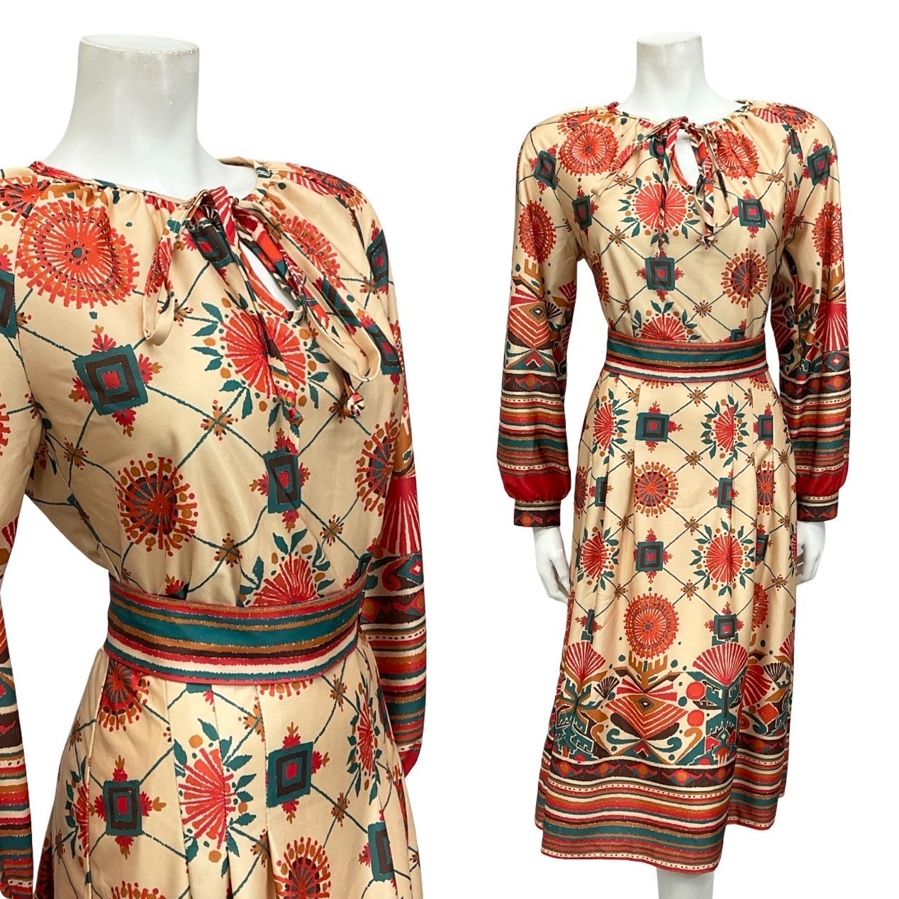 VTG 70S GEOEMTRIC AZTEC STRIPED BEIGE ORANGE GREEN RED KEYHOLE PLEATED DRESS 10