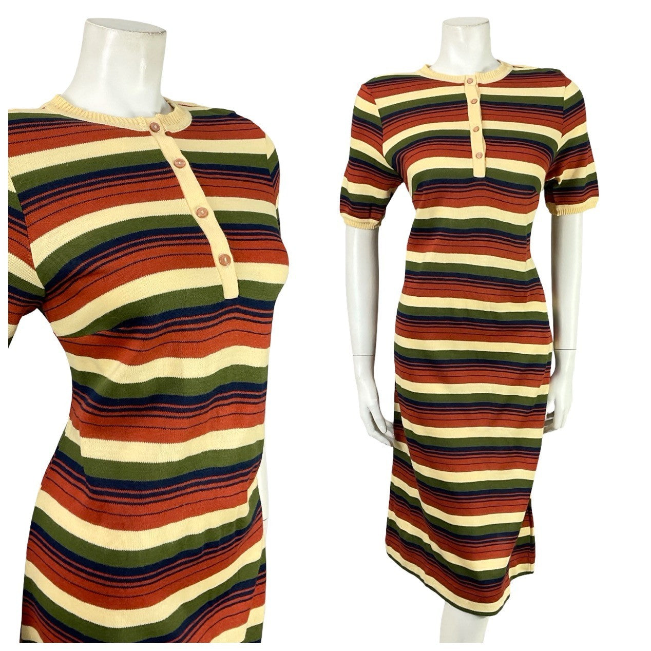 VTG 60S 70S MOD GEOMETRIC STRIPED BEIGE BROWN BLUE GREEN KNIT MIDI DRESS 12