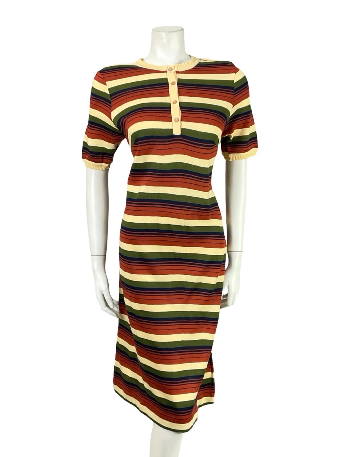 VTG 60S 70S MOD GEOMETRIC STRIPED BEIGE BROWN BLUE GREEN KNIT MIDI DRESS 12