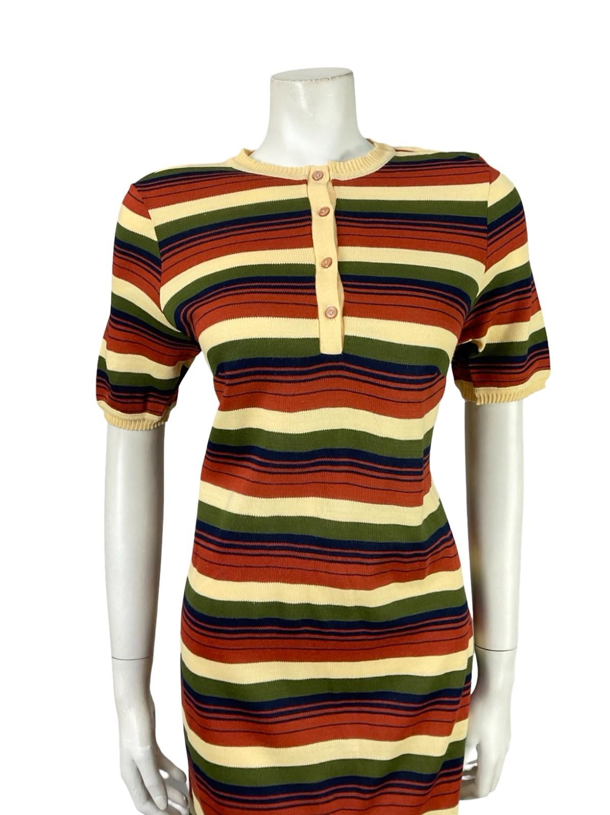VTG 60S 70S MOD GEOMETRIC STRIPED BEIGE BROWN BLUE GREEN KNIT MIDI DRESS 12