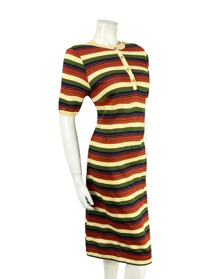 VTG 60S 70S MOD GEOMETRIC STRIPED BEIGE BROWN BLUE GREEN KNIT MIDI DRESS 12