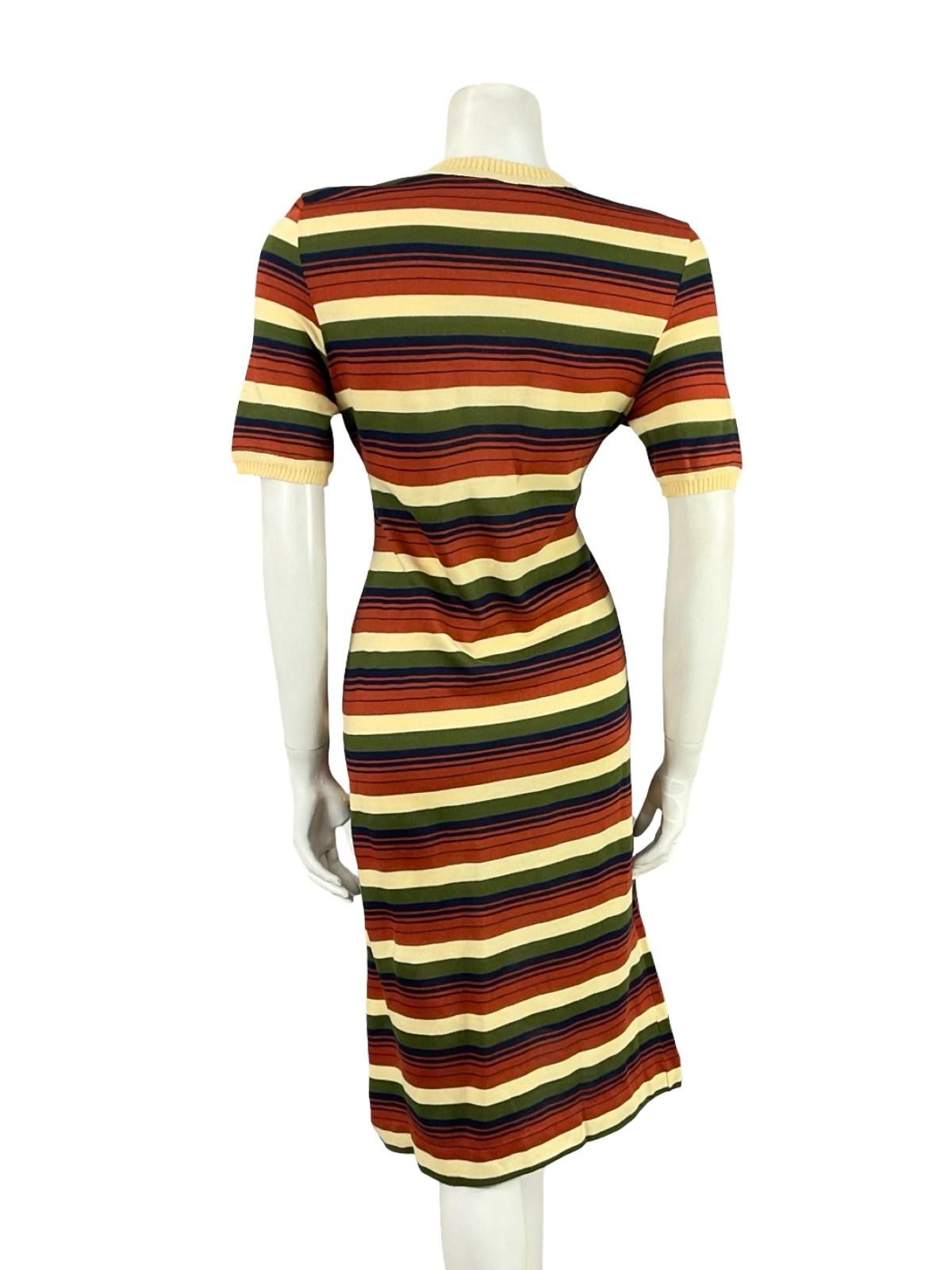 VTG 60S 70S MOD GEOMETRIC STRIPED BEIGE BROWN BLUE GREEN KNIT MIDI DRESS 12
