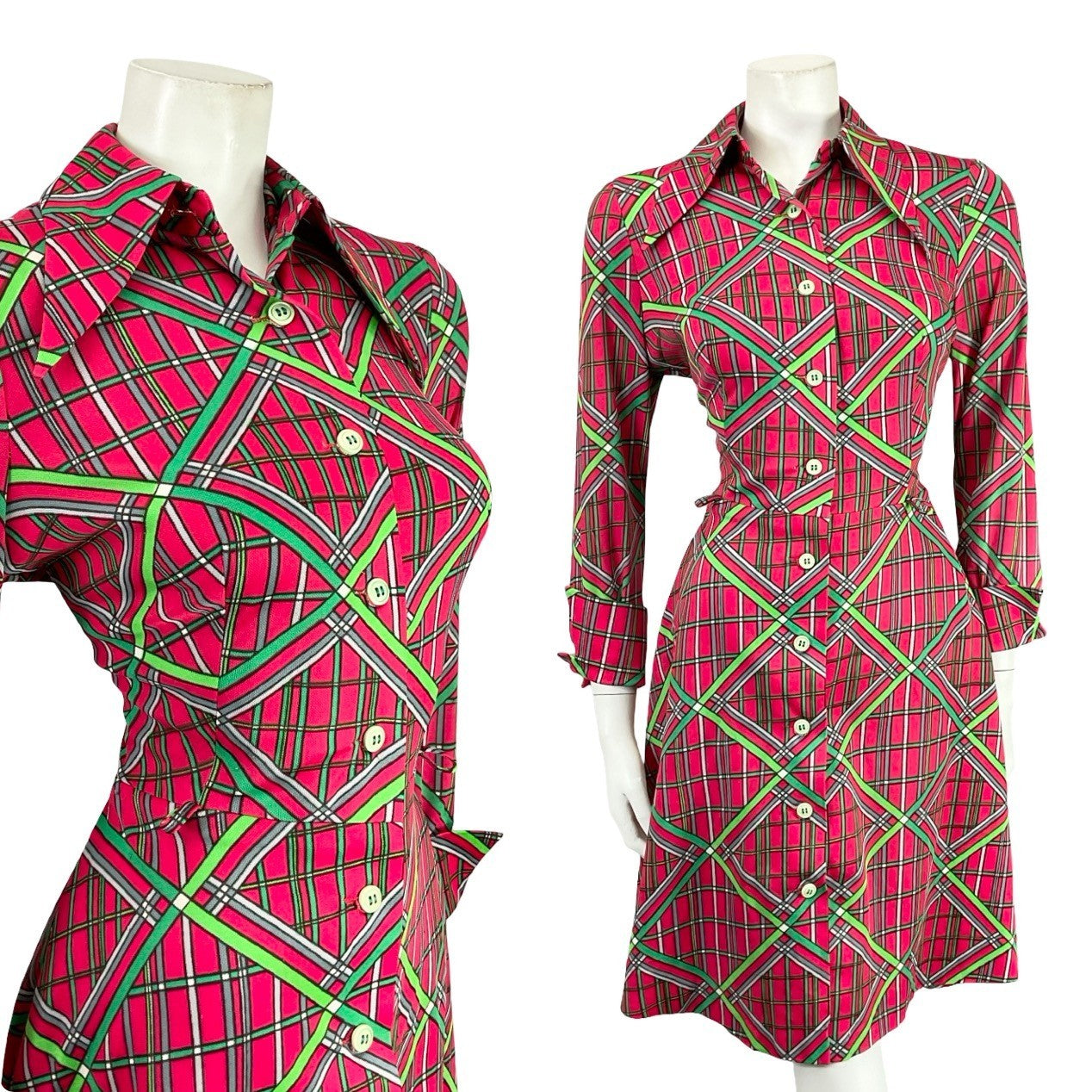 Mannequin wears a pink white and green 60s 70s long sleeve geometric grid print shirt dress. 