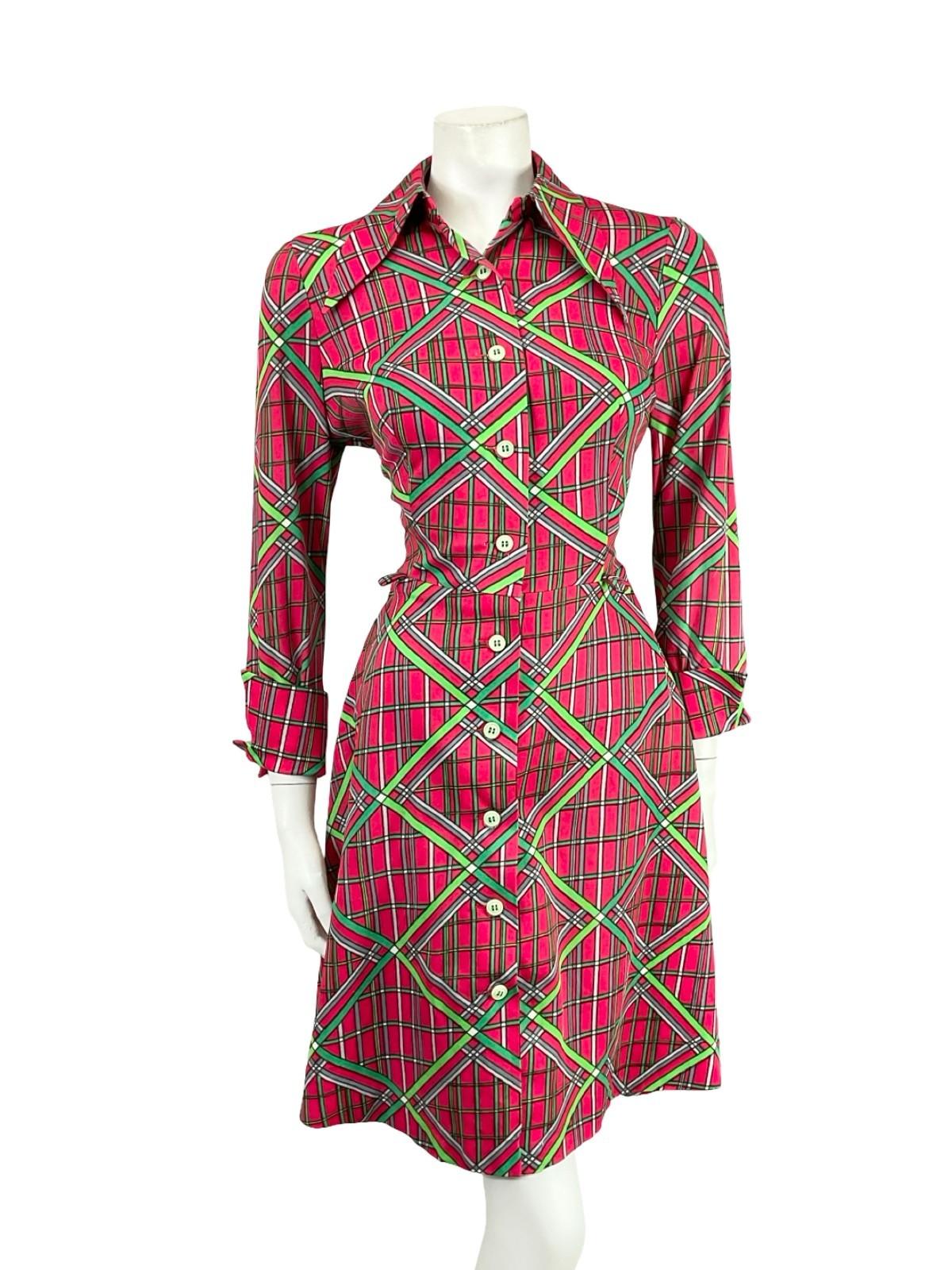 VTG 70S PINK GREEN GREY GEOMETRIC DAGGER STRIPED PLAID NEAPOLITAN SHIRT DRESS 10