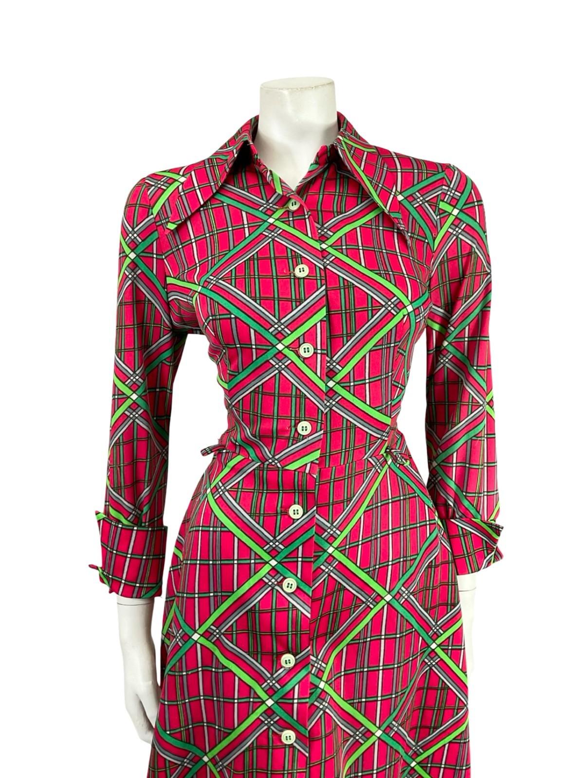 VTG 70S PINK GREEN GREY GEOMETRIC DAGGER STRIPED PLAID NEAPOLITAN SHIRT DRESS 10
