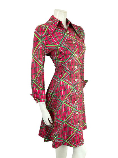 VTG 70S PINK GREEN GREY GEOMETRIC DAGGER STRIPED PLAID NEAPOLITAN SHIRT DRESS 10