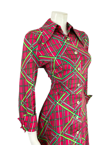 VTG 70S PINK GREEN GREY GEOMETRIC DAGGER STRIPED PLAID NEAPOLITAN SHIRT DRESS 10