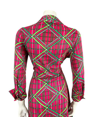 VTG 70S PINK GREEN GREY GEOMETRIC DAGGER STRIPED PLAID NEAPOLITAN SHIRT DRESS 10