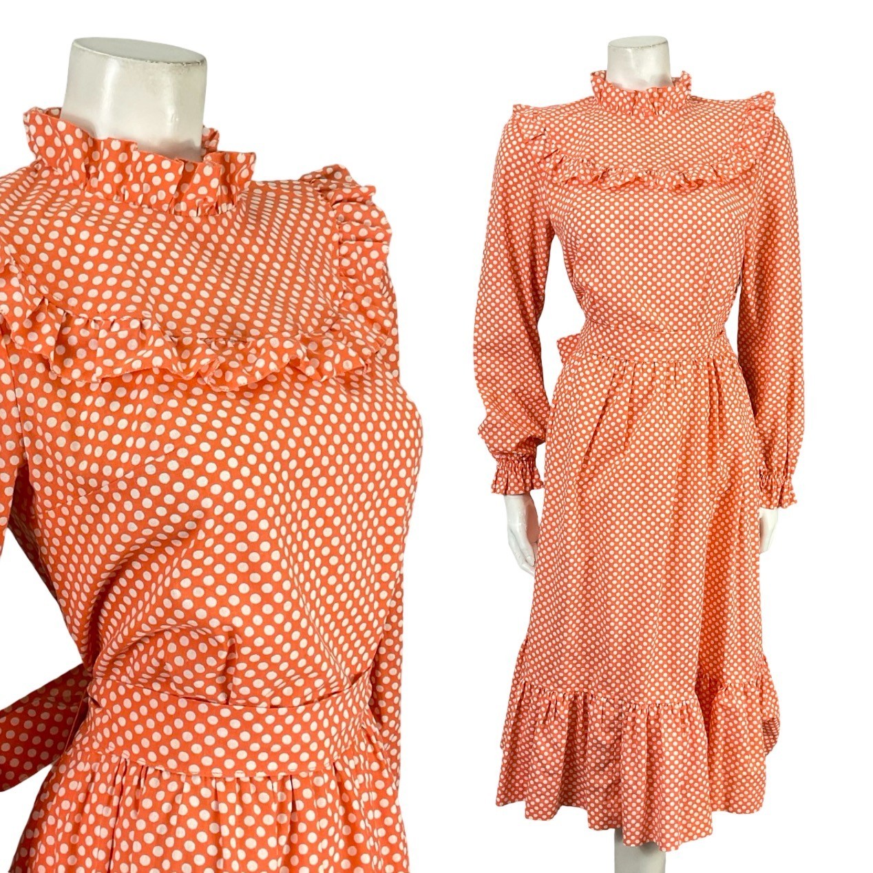 VTG 70S BRIGHT ORANGE WHITE GEOMETRIC EDWARDIAN POLKA DOT RUFFLE DRESS 8