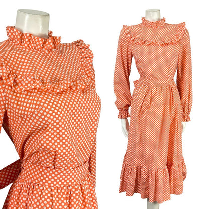 VTG 70S BRIGHT ORANGE WHITE GEOMETRIC EDWARDIAN POLKA DOT RUFFLE DRESS 8