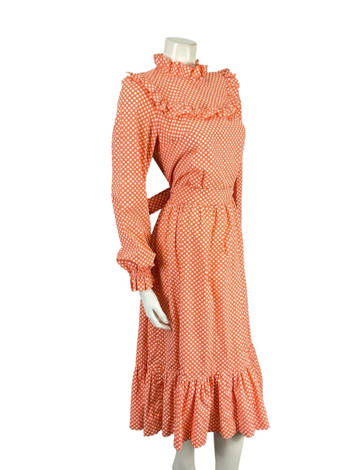 VTG 70S BRIGHT ORANGE WHITE GEOMETRIC EDWARDIAN POLKA DOT RUFFLE DRESS 8