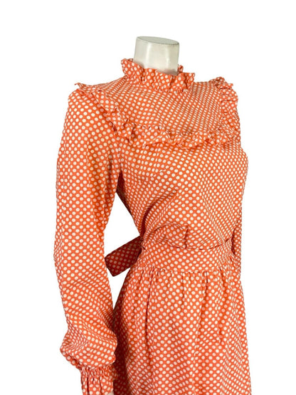 VTG 70S BRIGHT ORANGE WHITE GEOMETRIC EDWARDIAN POLKA DOT RUFFLE DRESS 8