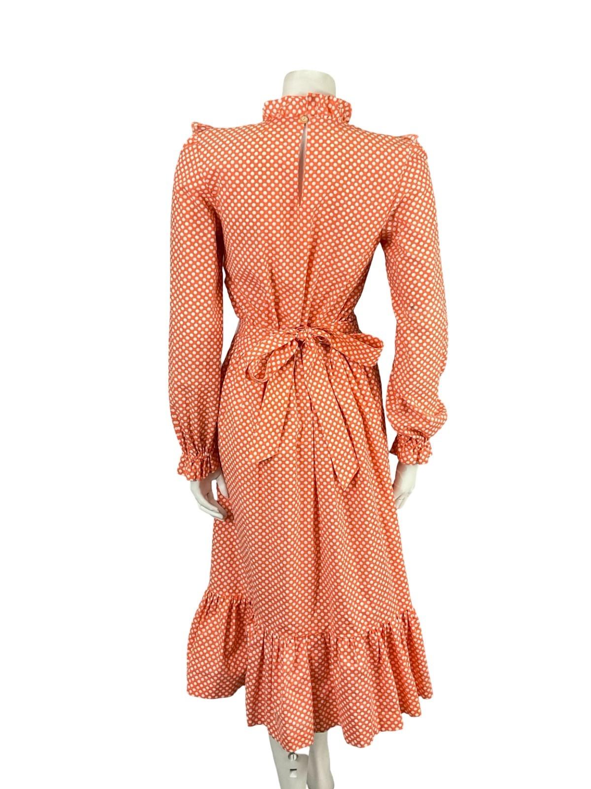 VTG 70S BRIGHT ORANGE WHITE GEOMETRIC EDWARDIAN POLKA DOT RUFFLE DRESS 8