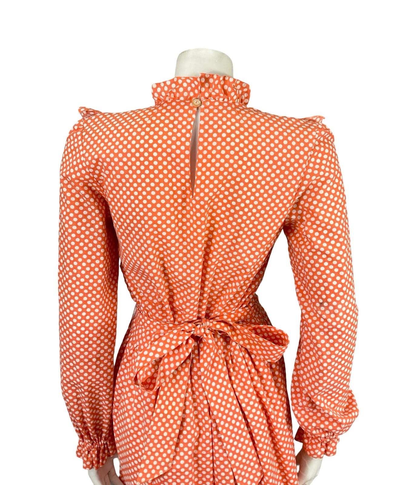 VTG 70S BRIGHT ORANGE WHITE GEOMETRIC EDWARDIAN POLKA DOT RUFFLE DRESS 8
