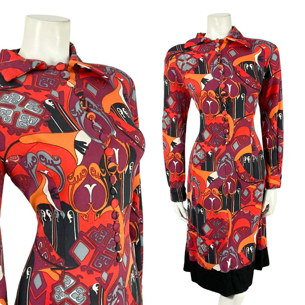 VTG 60S 70S RED BLACK ORANGE PURPLE AZTEC PSYCHEDELIC STRETCHY SHIRT DRESS 14