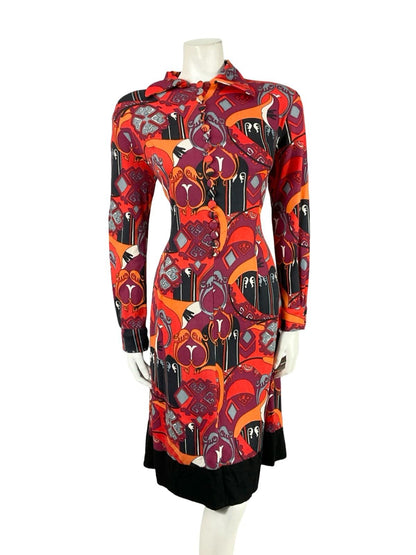 VTG 60S 70S RED BLACK ORANGE PURPLE AZTEC PSYCHEDELIC STRETCHY SHIRT DRESS 14