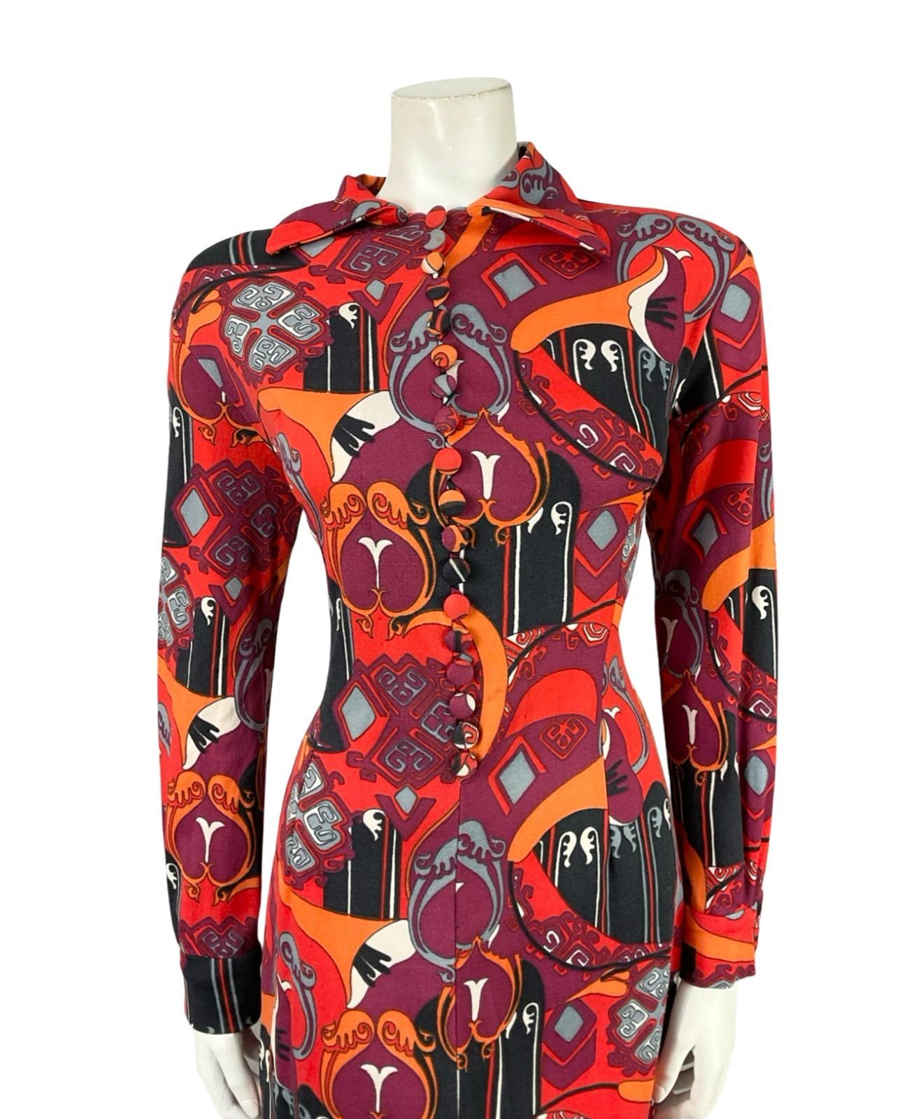 VTG 60S 70S RED BLACK ORANGE PURPLE AZTEC PSYCHEDELIC STRETCHY SHIRT DRESS 14