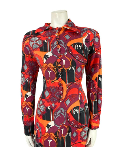 VTG 60S 70S RED BLACK ORANGE PURPLE AZTEC PSYCHEDELIC STRETCHY SHIRT DRESS 14