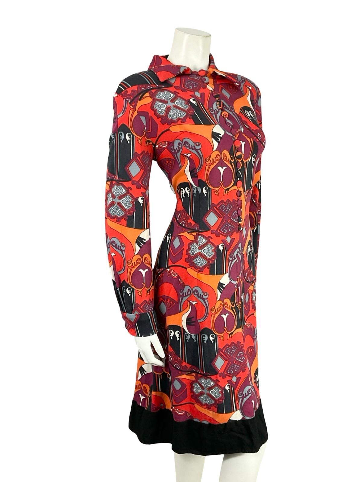 VTG 60S 70S RED BLACK ORANGE PURPLE AZTEC PSYCHEDELIC STRETCHY SHIRT DRESS 14