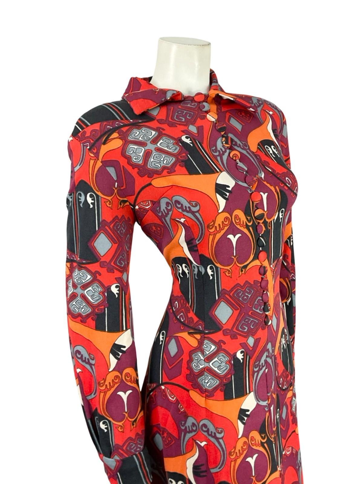 VTG 60S 70S RED BLACK ORANGE PURPLE AZTEC PSYCHEDELIC STRETCHY SHIRT DRESS 14