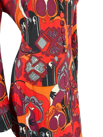 VTG 60S 70S RED BLACK ORANGE PURPLE AZTEC PSYCHEDELIC STRETCHY SHIRT DRESS 14