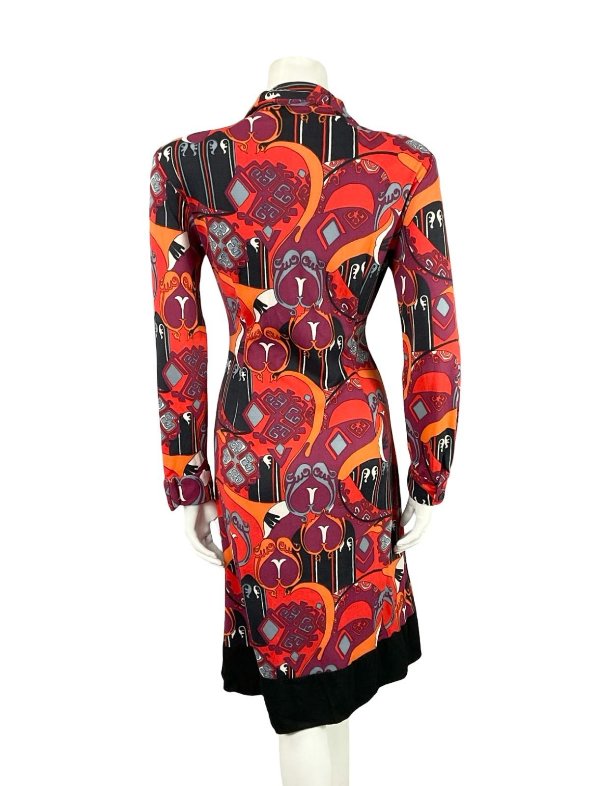 VTG 60S 70S RED BLACK ORANGE PURPLE AZTEC PSYCHEDELIC STRETCHY SHIRT DRESS 14