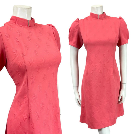 VTG 60S MOD GOGO PINK LEAFY EMBOSSED PUFF SLEEVE MANDARIN COLLAR SHIFT DRESS 10