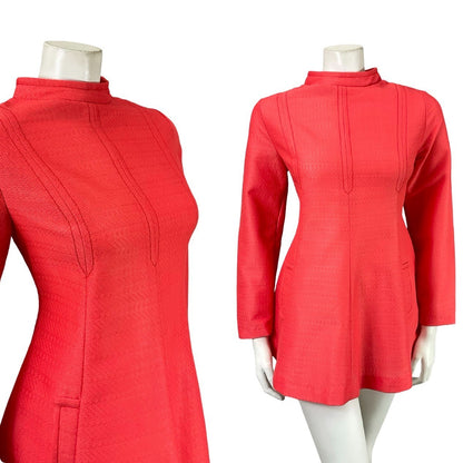 VTG 60S MOD SPACE AGE CORAL BRIGHT ORANGE PINK FUNNEL SUPER MINI TUNIC DRESS 10