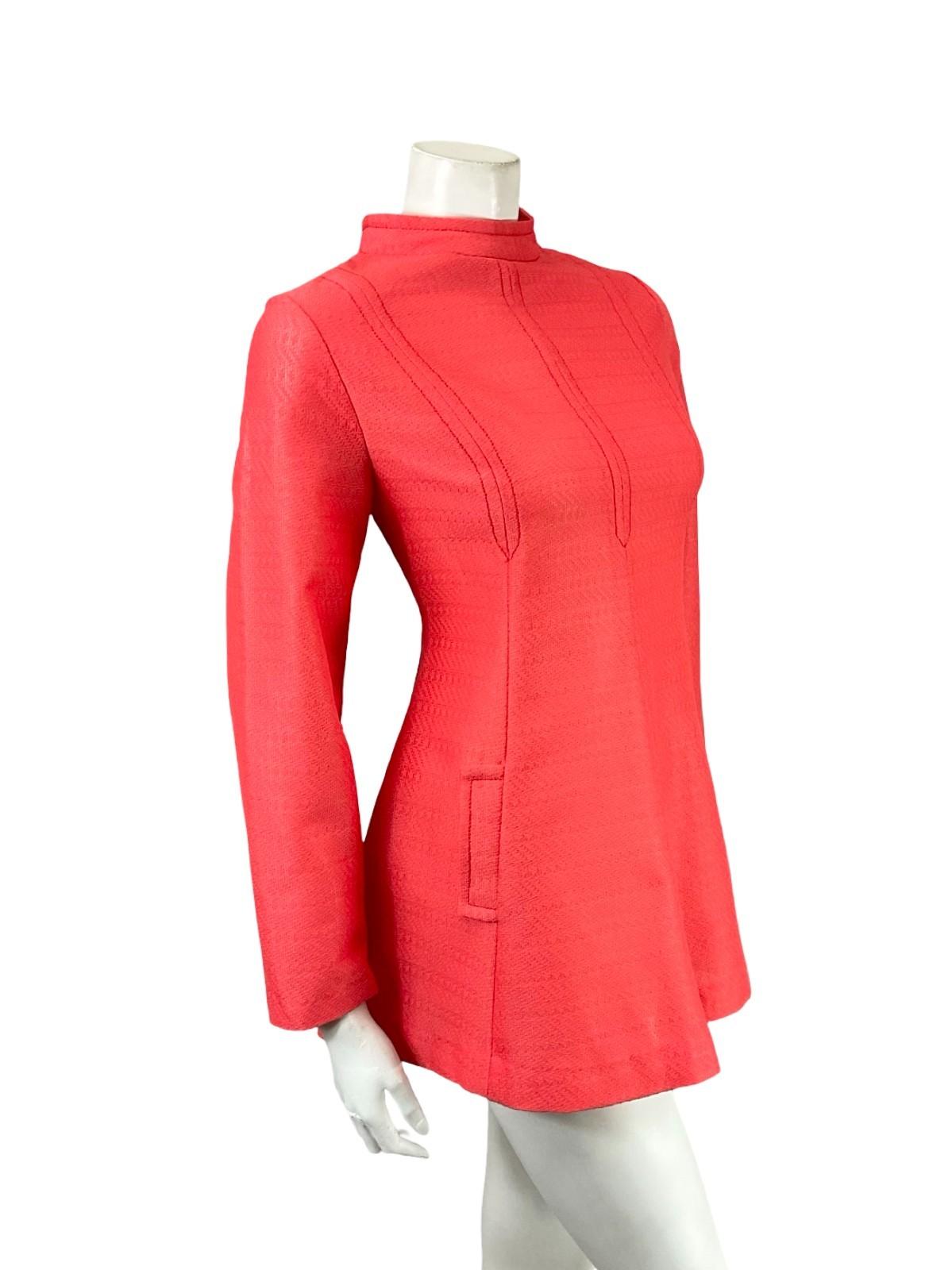 VTG 60S MOD SPACE AGE CORAL BRIGHT ORANGE PINK FUNNEL SUPER MINI TUNIC DRESS 10