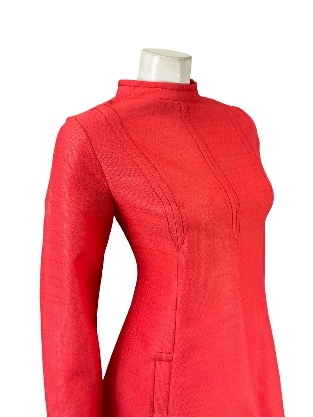 VTG 60S MOD SPACE AGE CORAL BRIGHT ORANGE PINK FUNNEL SUPER MINI TUNIC DRESS 10