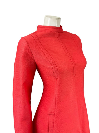 VTG 60S MOD SPACE AGE CORAL BRIGHT ORANGE PINK FUNNEL SUPER MINI TUNIC DRESS 10