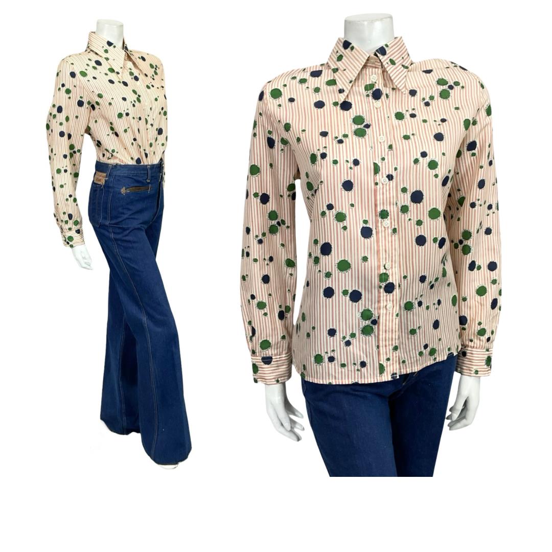 VTG 60S 70S BEIGE RED BLUE GREEN STRIPED GEOMETRIC DOTTY DAGGER SHIRT 16 18 L
