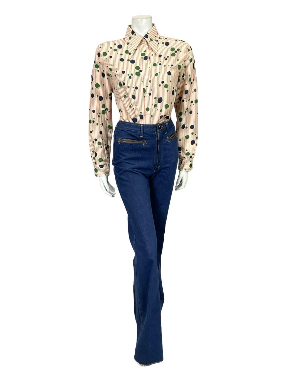 VTG 60S 70S BEIGE RED BLUE GREEN STRIPED GEOMETRIC DOTTY DAGGER SHIRT 16 18 L