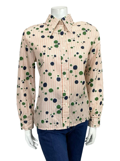 VTG 60S 70S BEIGE RED BLUE GREEN STRIPED GEOMETRIC DOTTY DAGGER SHIRT 16 18 L