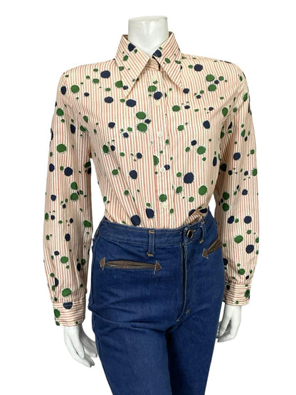 VTG 60S 70S BEIGE RED BLUE GREEN STRIPED GEOMETRIC DOTTY DAGGER SHIRT 16 18 L