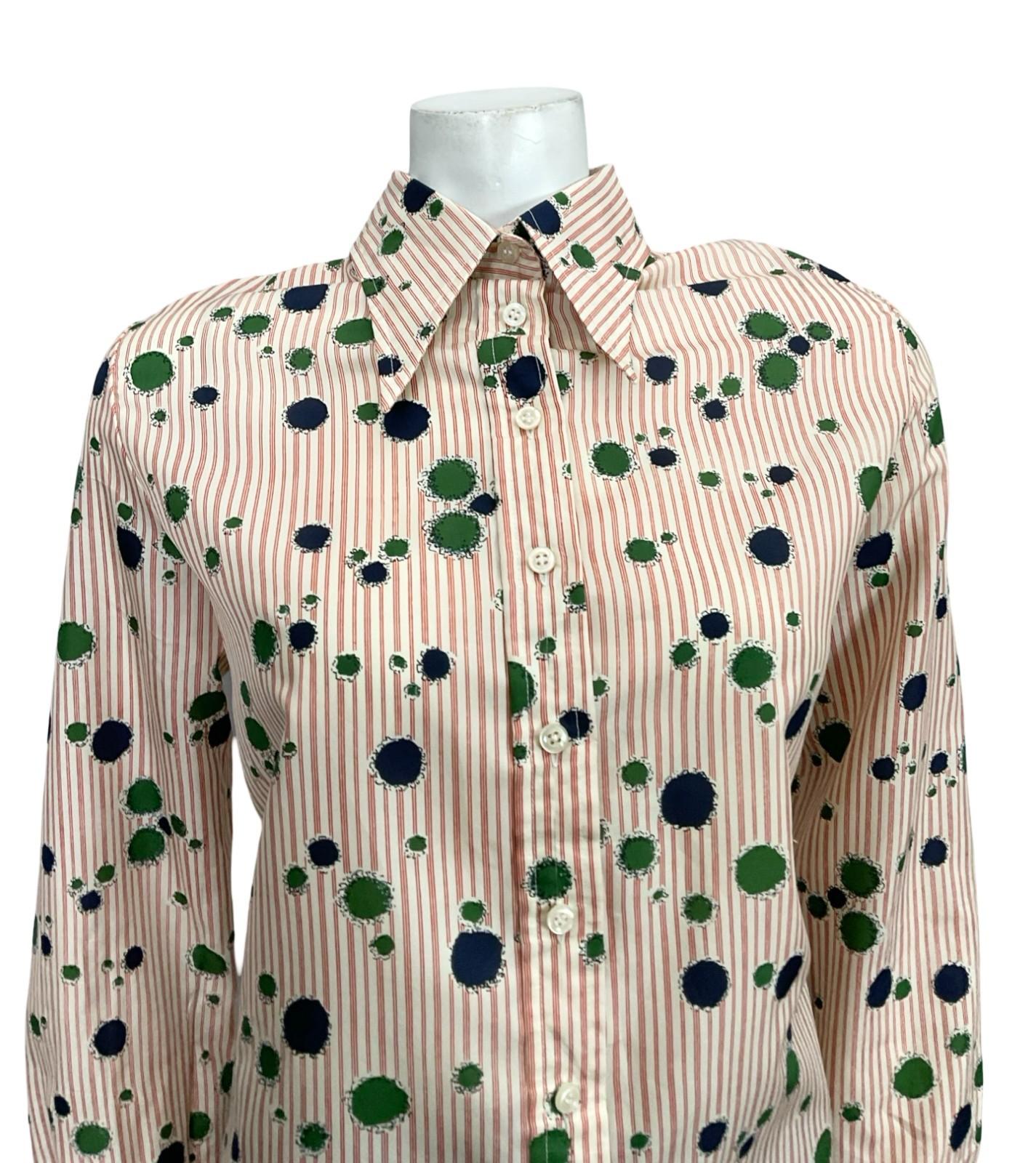 VTG 60S 70S BEIGE RED BLUE GREEN STRIPED GEOMETRIC DOTTY DAGGER SHIRT 16 18 L