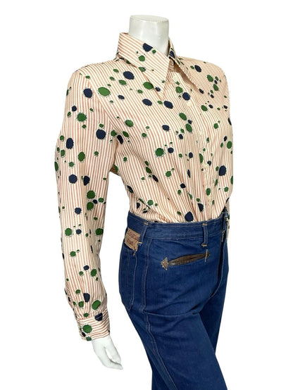 VTG 60S 70S BEIGE RED BLUE GREEN STRIPED GEOMETRIC DOTTY DAGGER SHIRT 16 18 L