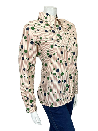 VTG 60S 70S BEIGE RED BLUE GREEN STRIPED GEOMETRIC DOTTY DAGGER SHIRT 16 18 L