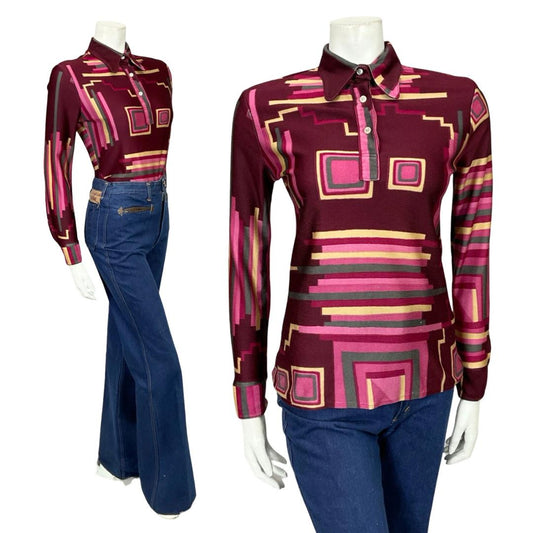 VTG 60S 70S PLUM PINK BEIGE GREY GEOMETRIC STRIPE SQUARE DOG EAR SHIRT 10