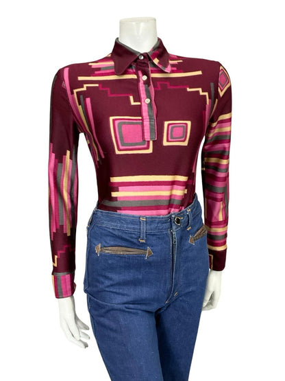 VTG 60S 70S PLUM PINK BEIGE GREY GEOMETRIC STRIPE SQUARE DOG EAR SHIRT 10