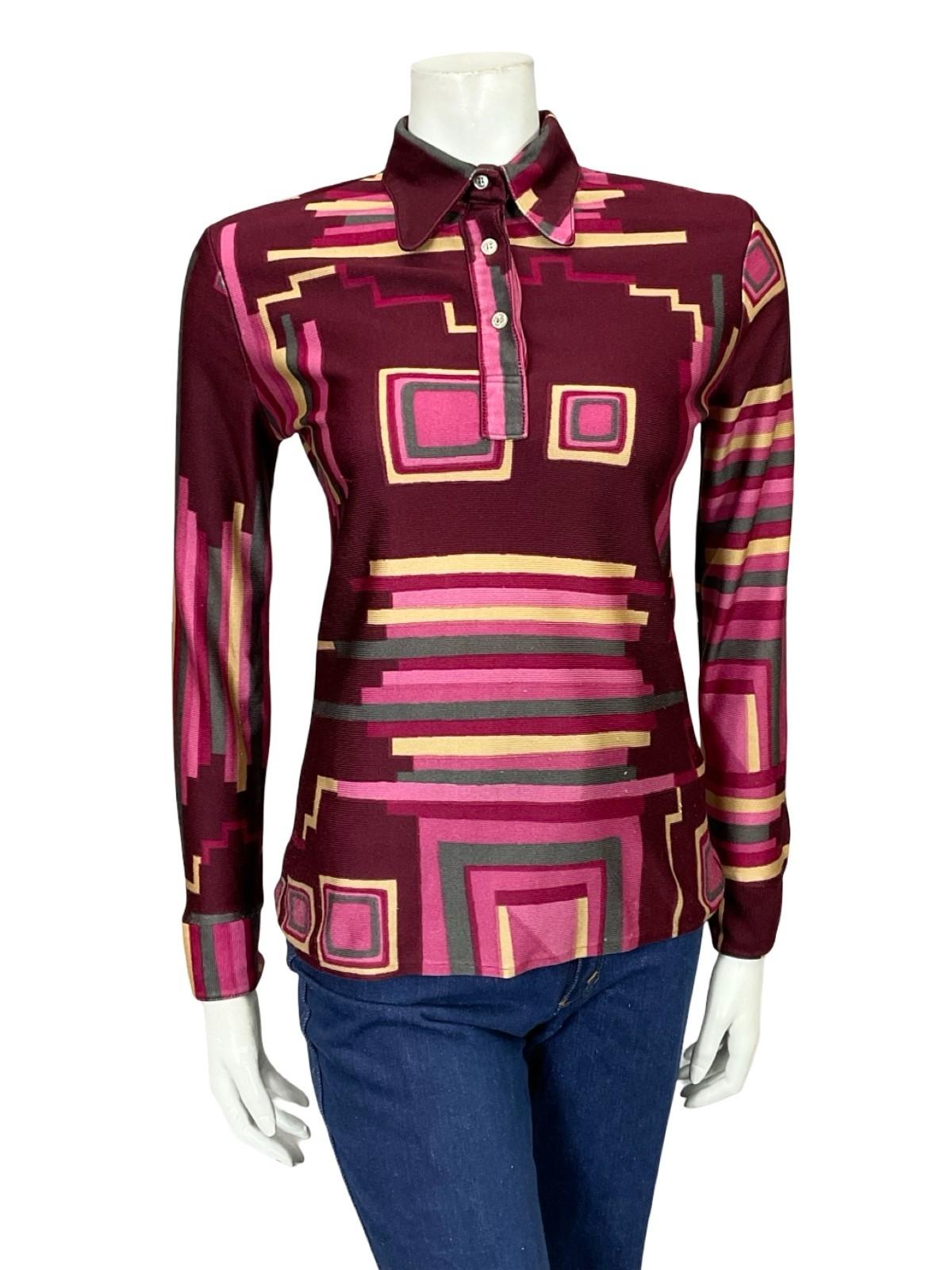 VTG 60S 70S PLUM PINK BEIGE GREY GEOMETRIC STRIPE SQUARE DOG EAR SHIRT 10