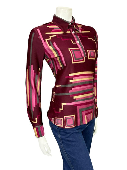VTG 60S 70S PLUM PINK BEIGE GREY GEOMETRIC STRIPE SQUARE DOG EAR SHIRT 10