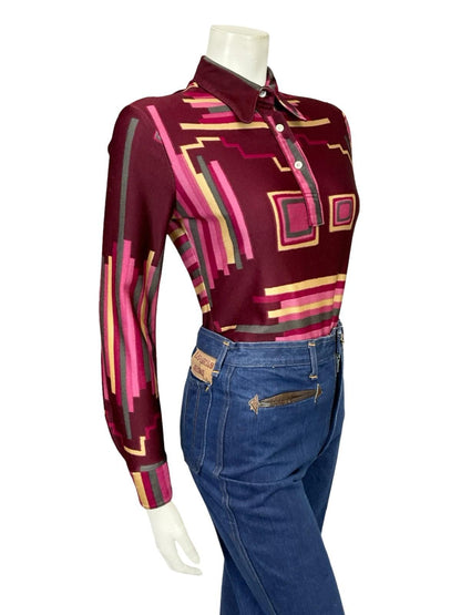 VTG 60S 70S PLUM PINK BEIGE GREY GEOMETRIC STRIPE SQUARE DOG EAR SHIRT 10