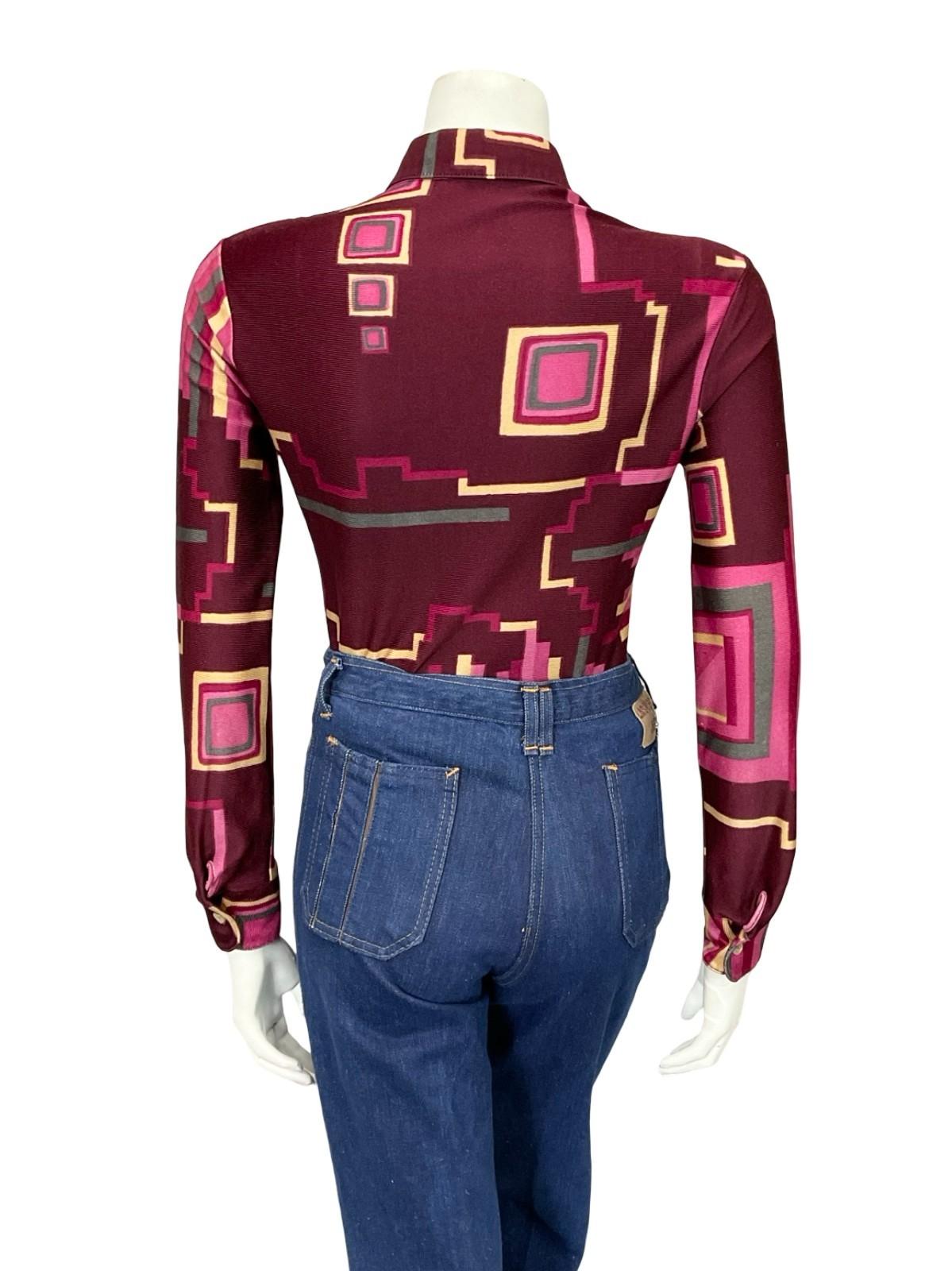 VTG 60S 70S PLUM PINK BEIGE GREY GEOMETRIC STRIPE SQUARE DOG EAR SHIRT 10