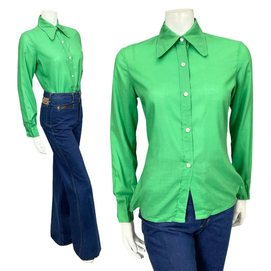 VTG 60S 70S FRANCK OLIVIER MONOCHROME GREEN DAGGER COLLAR SHIRT 12